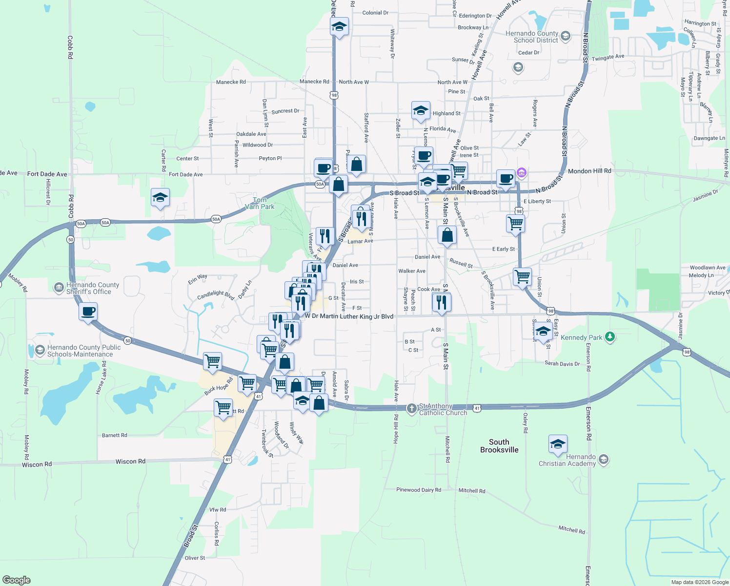 map of restaurants, bars, coffee shops, grocery stores, and more near 609 Holley Street in Brooksville