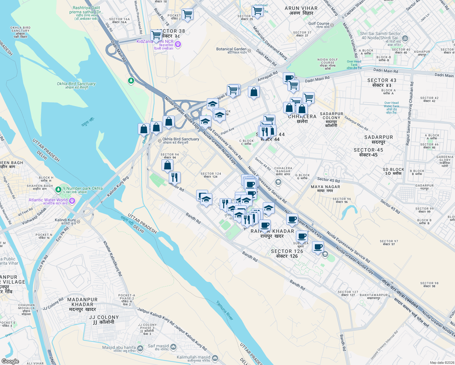 map of restaurants, bars, coffee shops, grocery stores, and more near in Noida