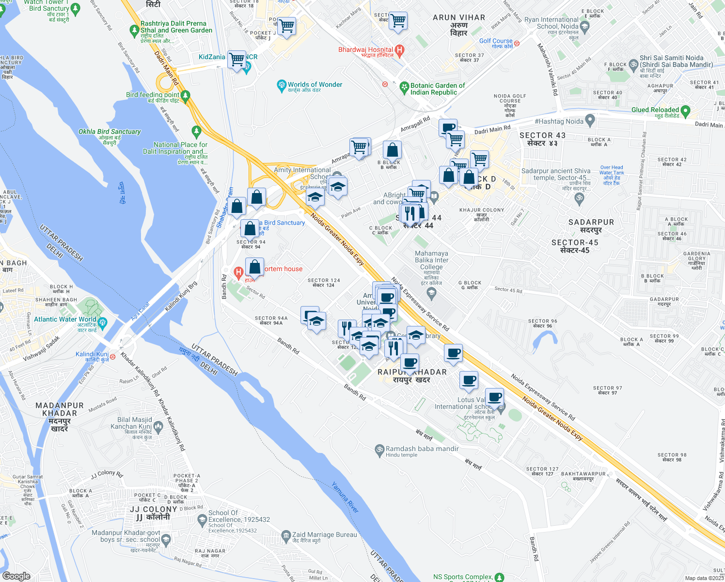 map of restaurants, bars, coffee shops, grocery stores, and more near in Noida