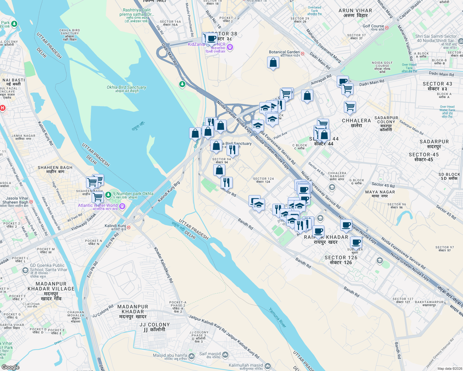 map of restaurants, bars, coffee shops, grocery stores, and more near Sector Road in New Okhla Industrial Development Area