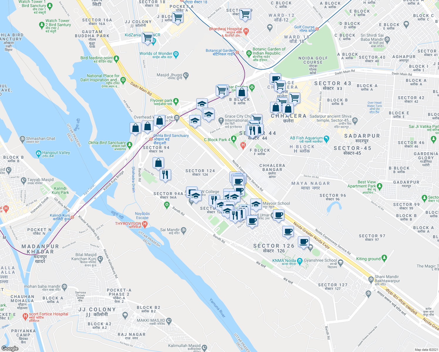 map of restaurants, bars, coffee shops, grocery stores, and more near in Noida