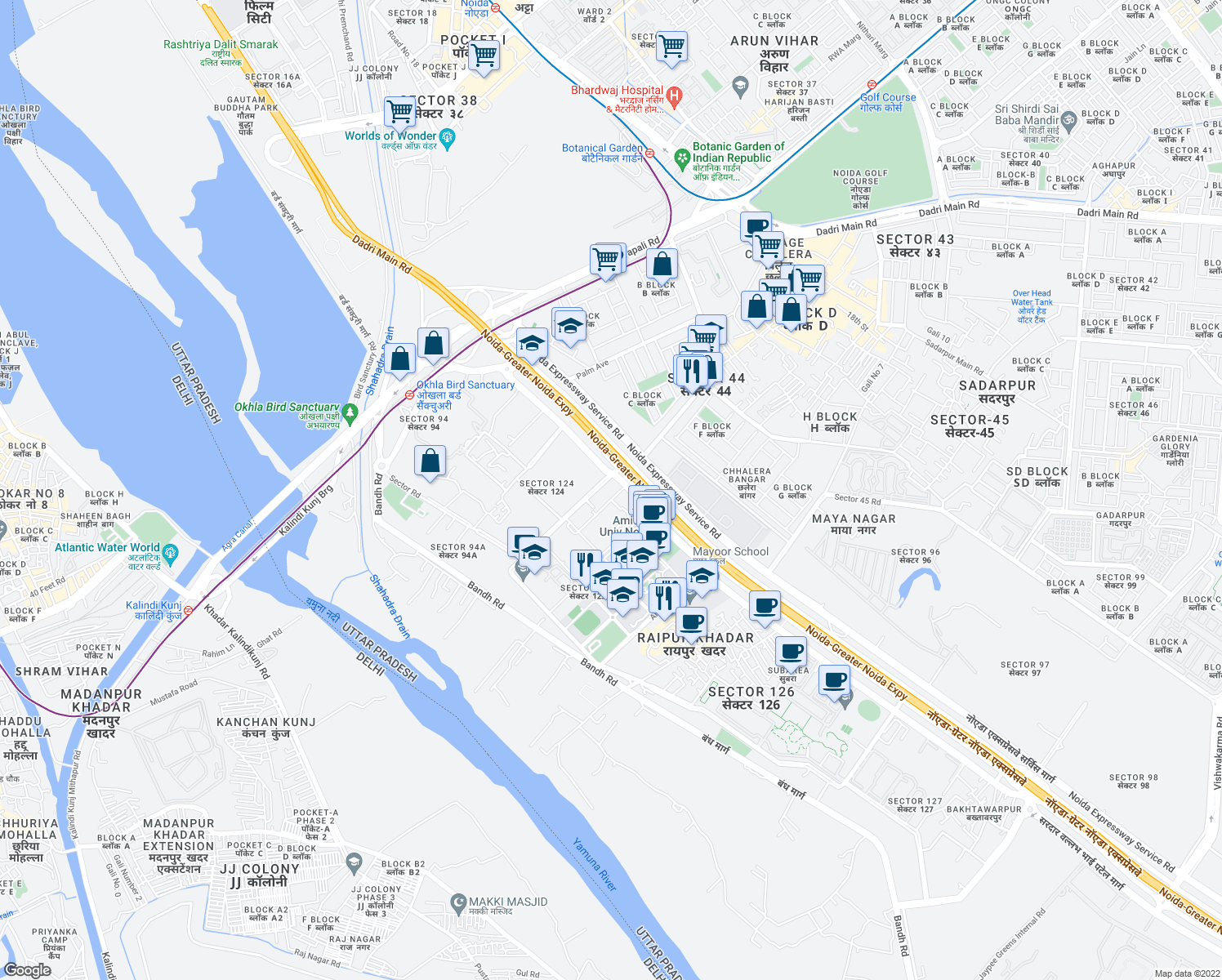 map of restaurants, bars, coffee shops, grocery stores, and more near in Noida