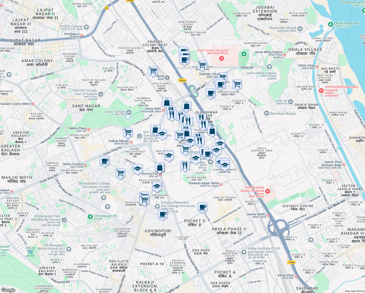 map of restaurants, bars, coffee shops, grocery stores, and more near 84 Okhla Phase 3 Road in New Delhi