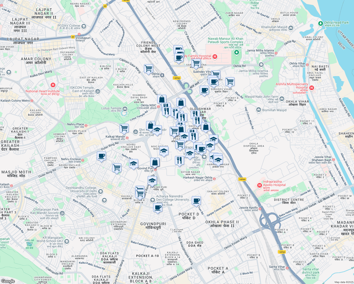 map of restaurants, bars, coffee shops, grocery stores, and more near 84 Okhla Phase 3 Road in New Delhi