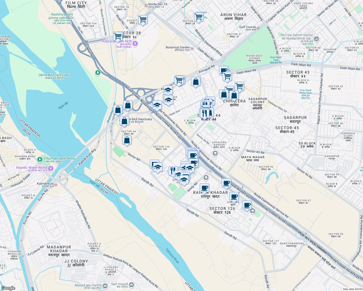 map of restaurants, bars, coffee shops, grocery stores, and more near Noida-Greater Noida Expressway in Noida