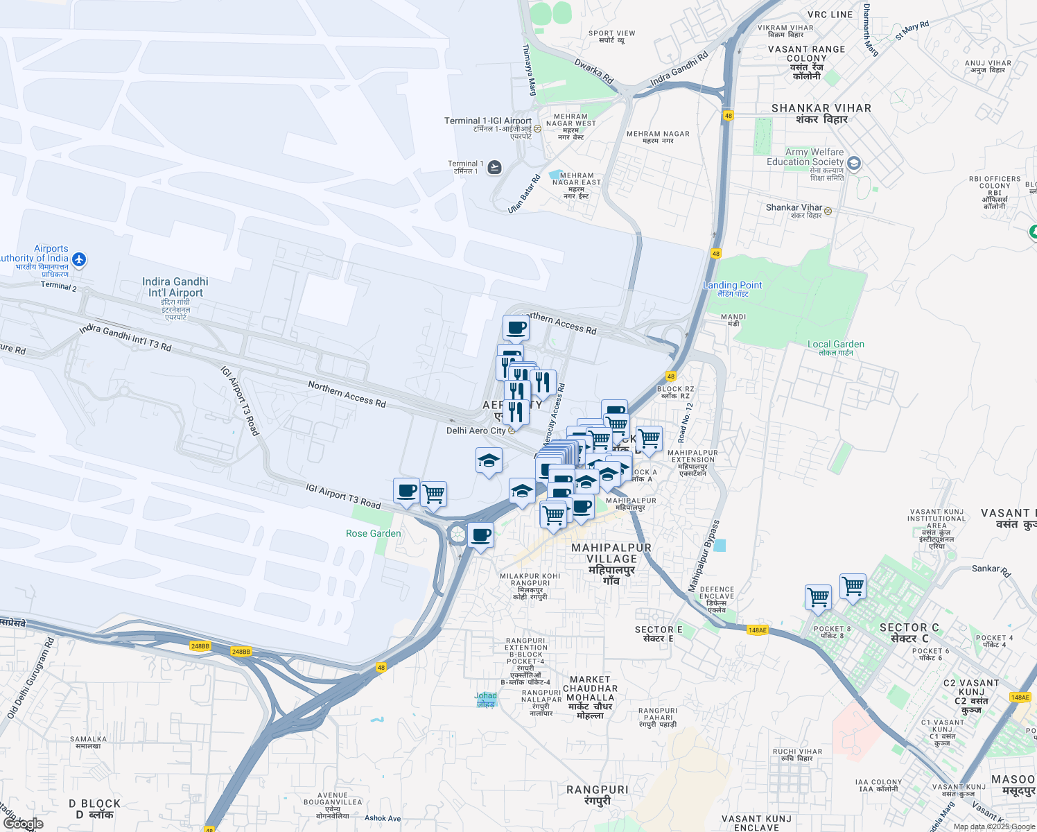 map of restaurants, bars, coffee shops, grocery stores, and more near in New Delhi