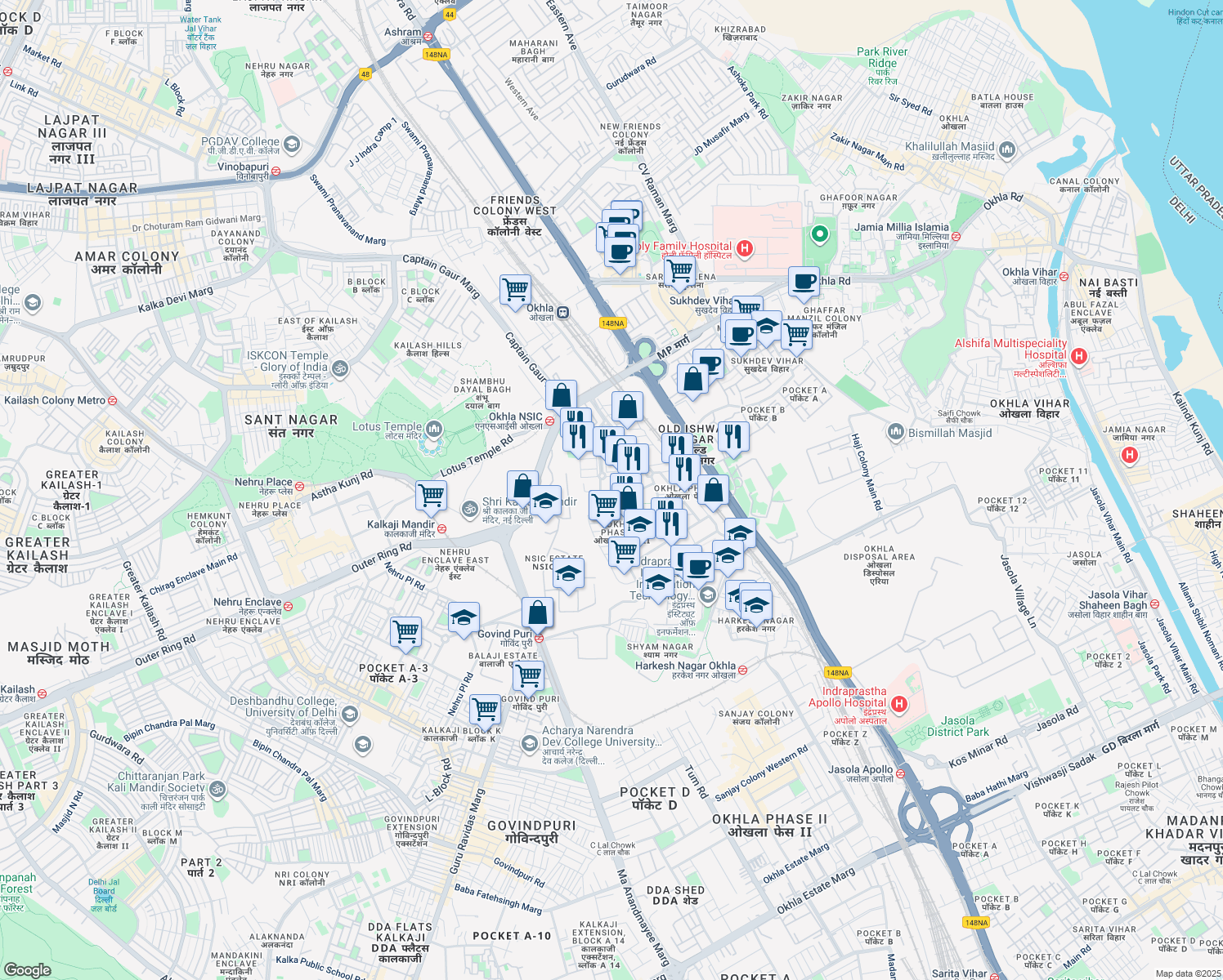 map of restaurants, bars, coffee shops, grocery stores, and more near Okhla Industrial Estate Phase 3 Road in New Delhi