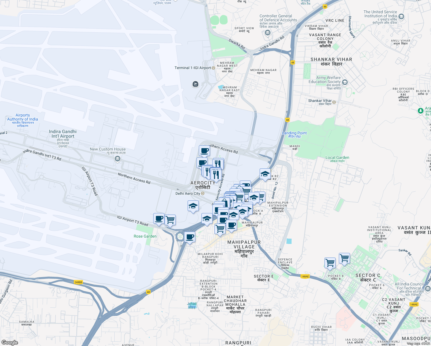 map of restaurants, bars, coffee shops, grocery stores, and more near in New Delhi