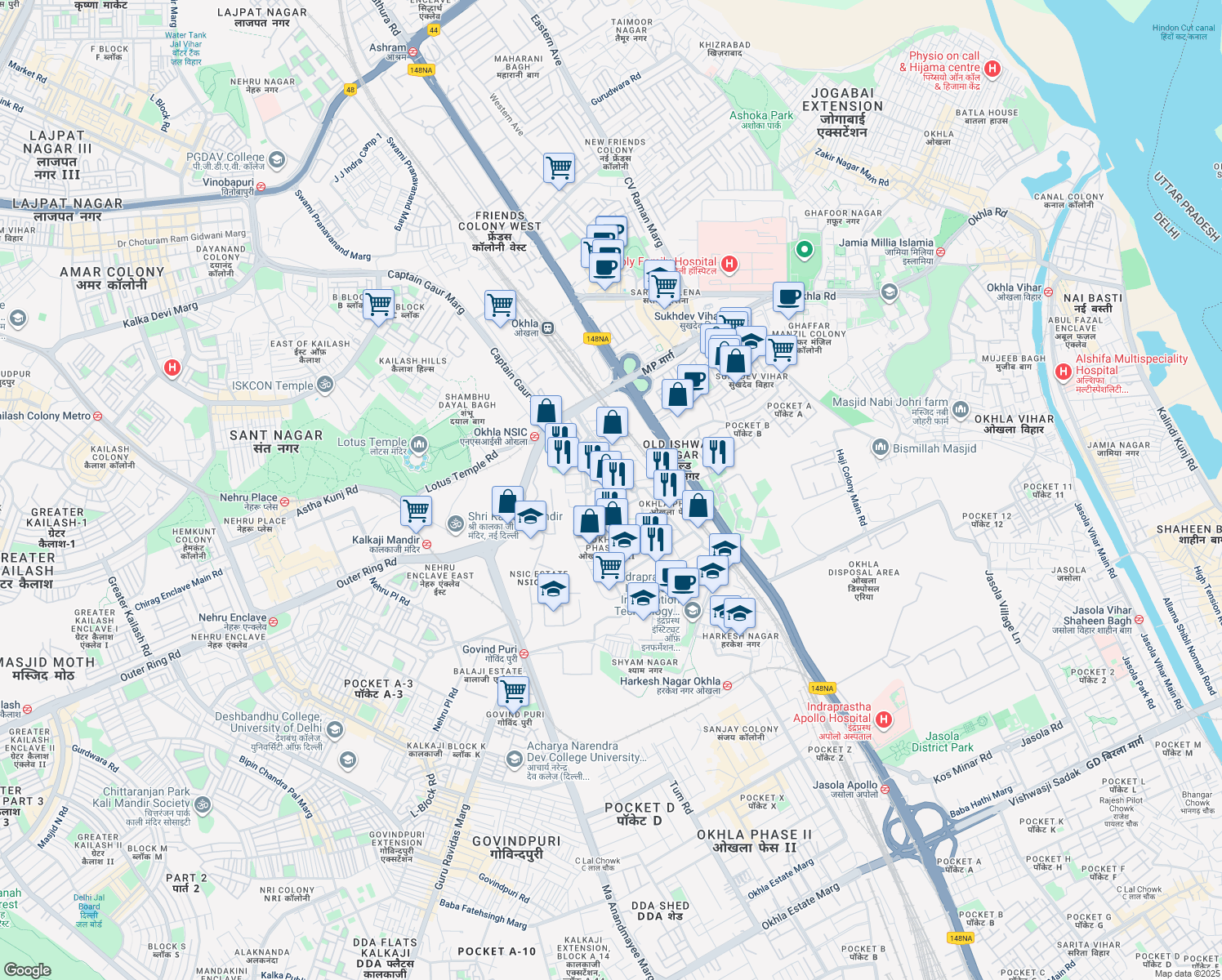 map of restaurants, bars, coffee shops, grocery stores, and more near Okhla Industrial Estate Phase 3 Road in New Delhi