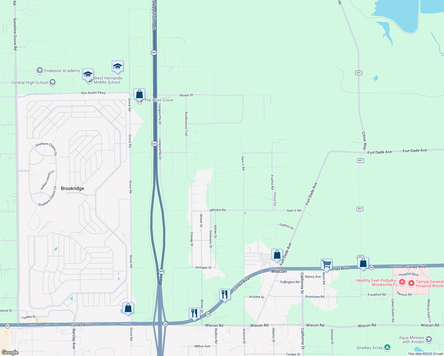 map of restaurants, bars, coffee shops, grocery stores, and more near 8362 Adrian Drive in Brooksville