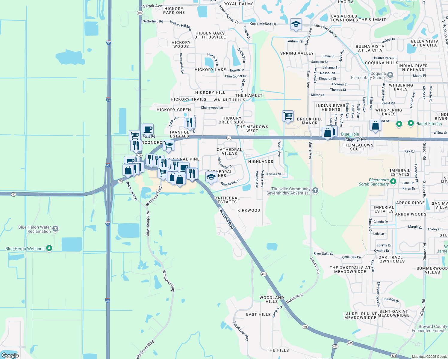 map of restaurants, bars, coffee shops, grocery stores, and more near 2845 Notre Dame Drive in Titusville