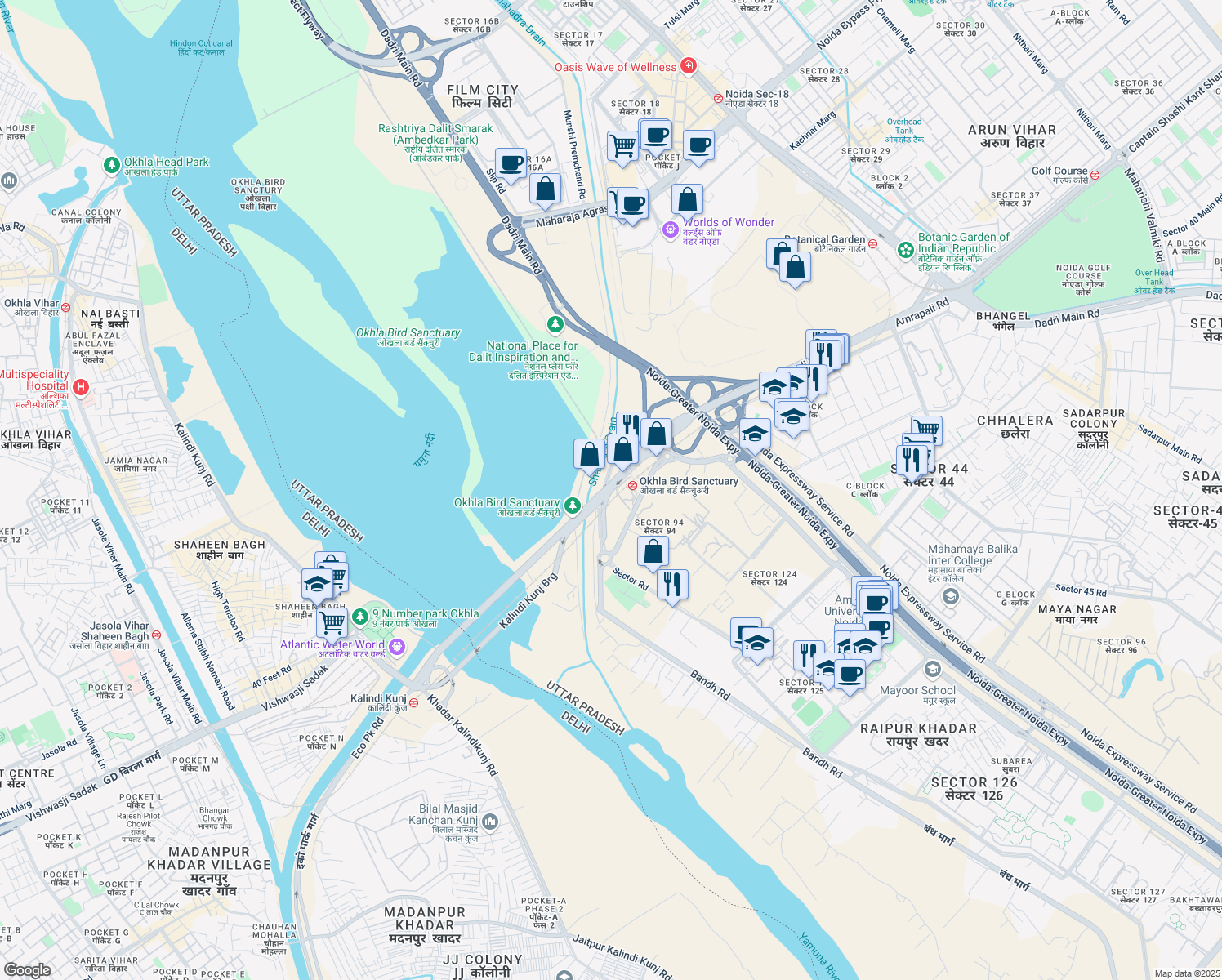 map of restaurants, bars, coffee shops, grocery stores, and more near Sector Road in Noida