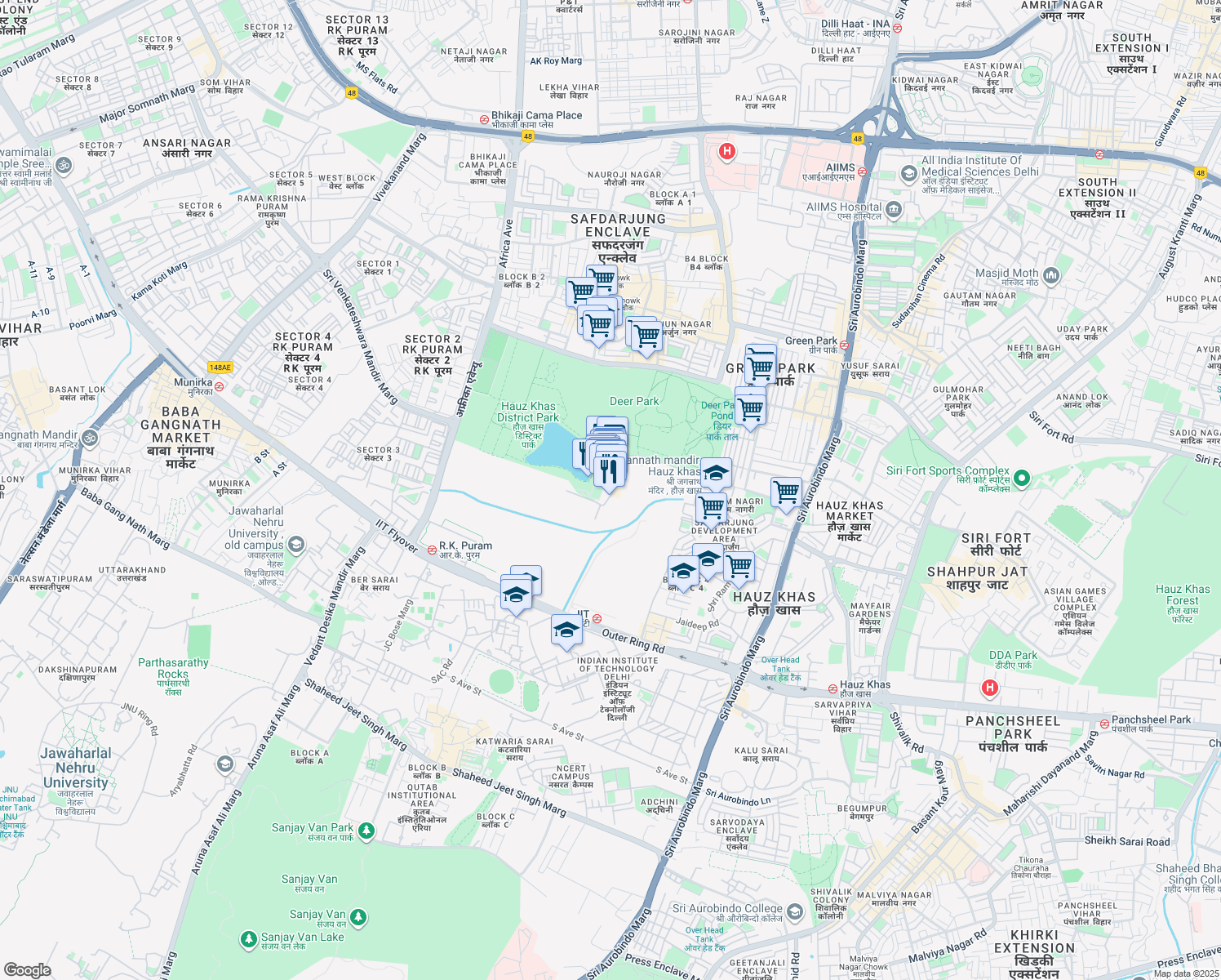 map of restaurants, bars, coffee shops, grocery stores, and more near floor in New Delhi