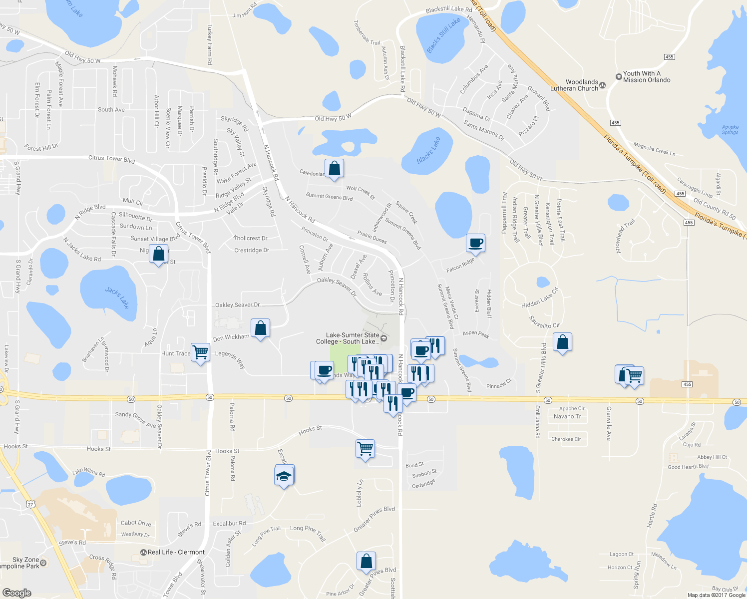 map of restaurants, bars, coffee shops, grocery stores, and more near 1014 Princeton Drive in Clermont