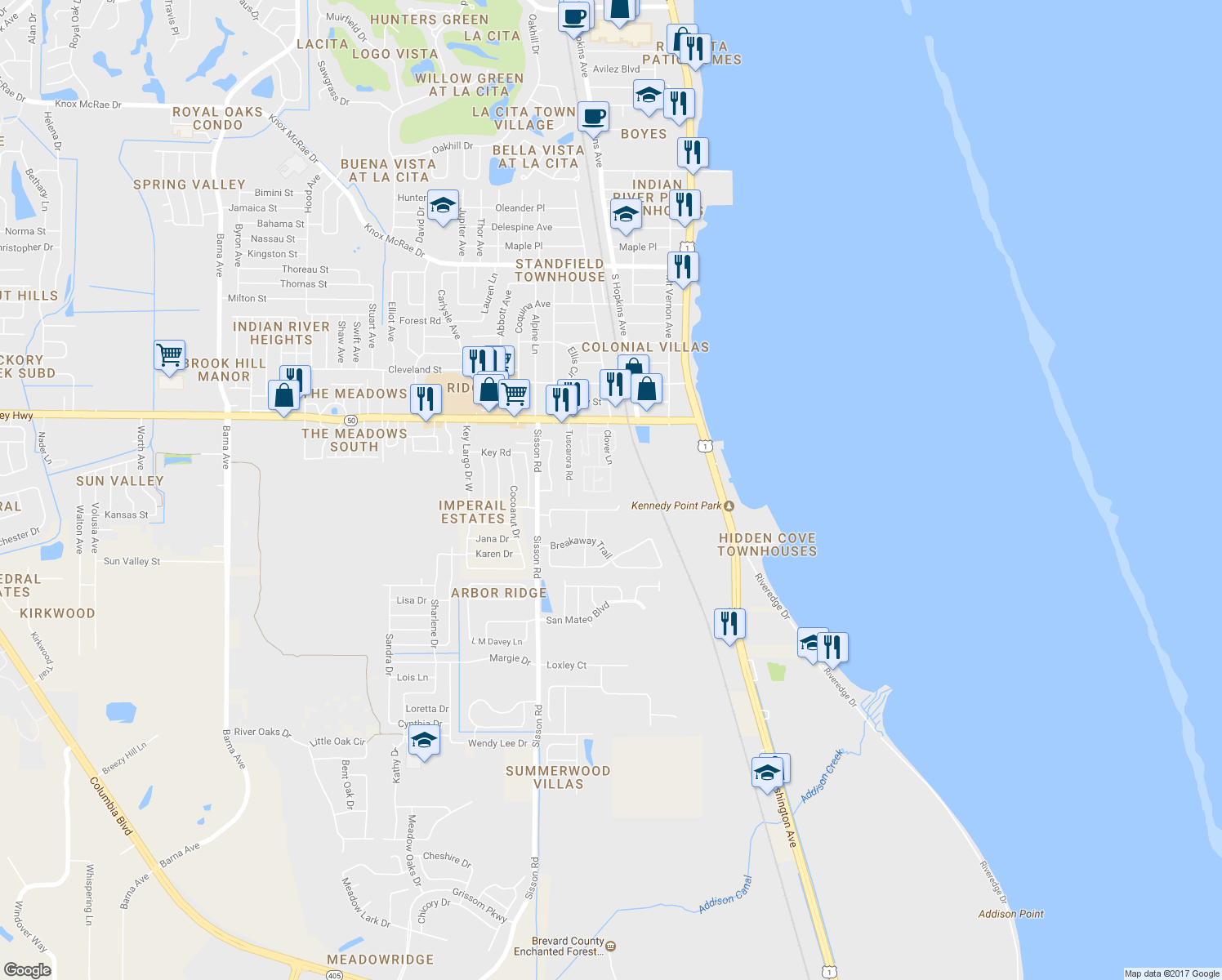 map of restaurants, bars, coffee shops, grocery stores, and more near 4875 Clover Lane in Titusville