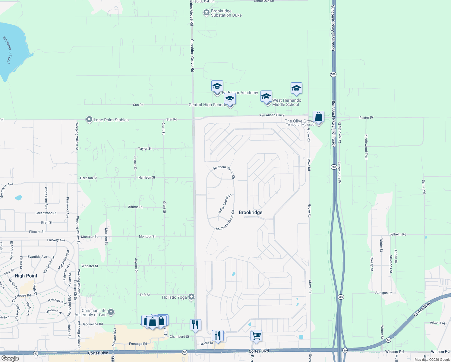 map of restaurants, bars, coffee shops, grocery stores, and more near 14316 Holly Hammock Lane in Brooksville