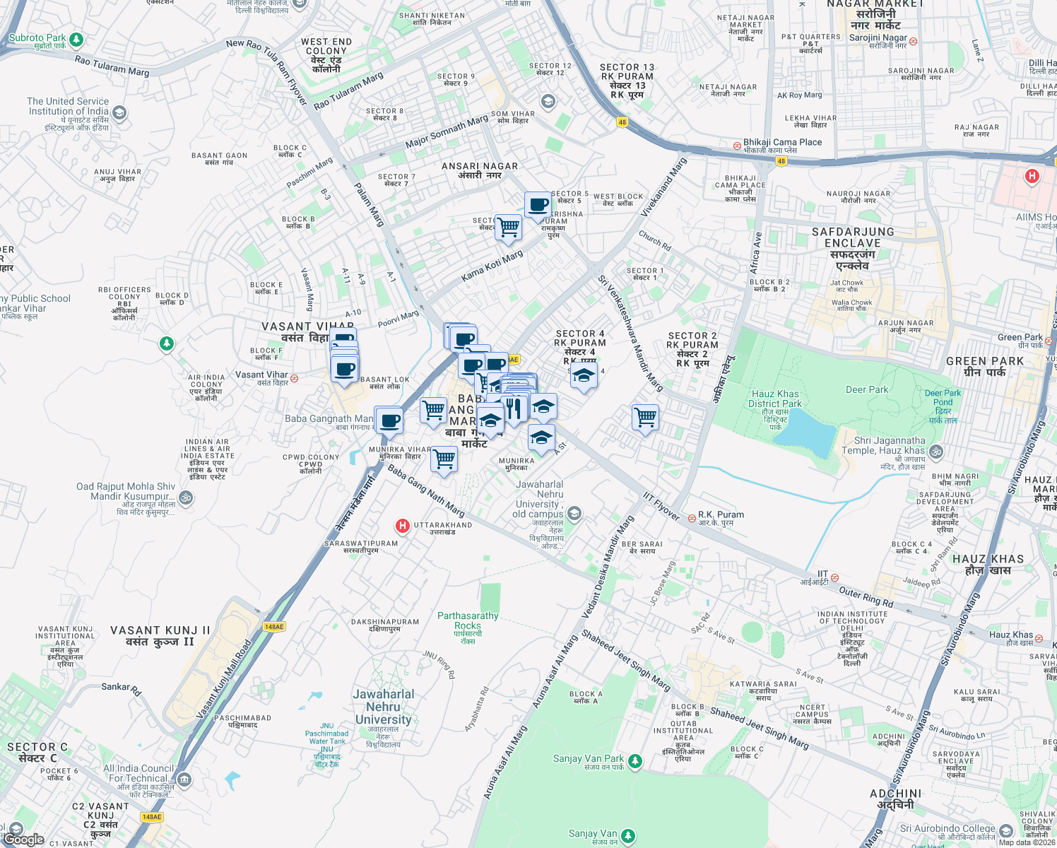 map of restaurants, bars, coffee shops, grocery stores, and more near 66 Bank Street in New Delhi