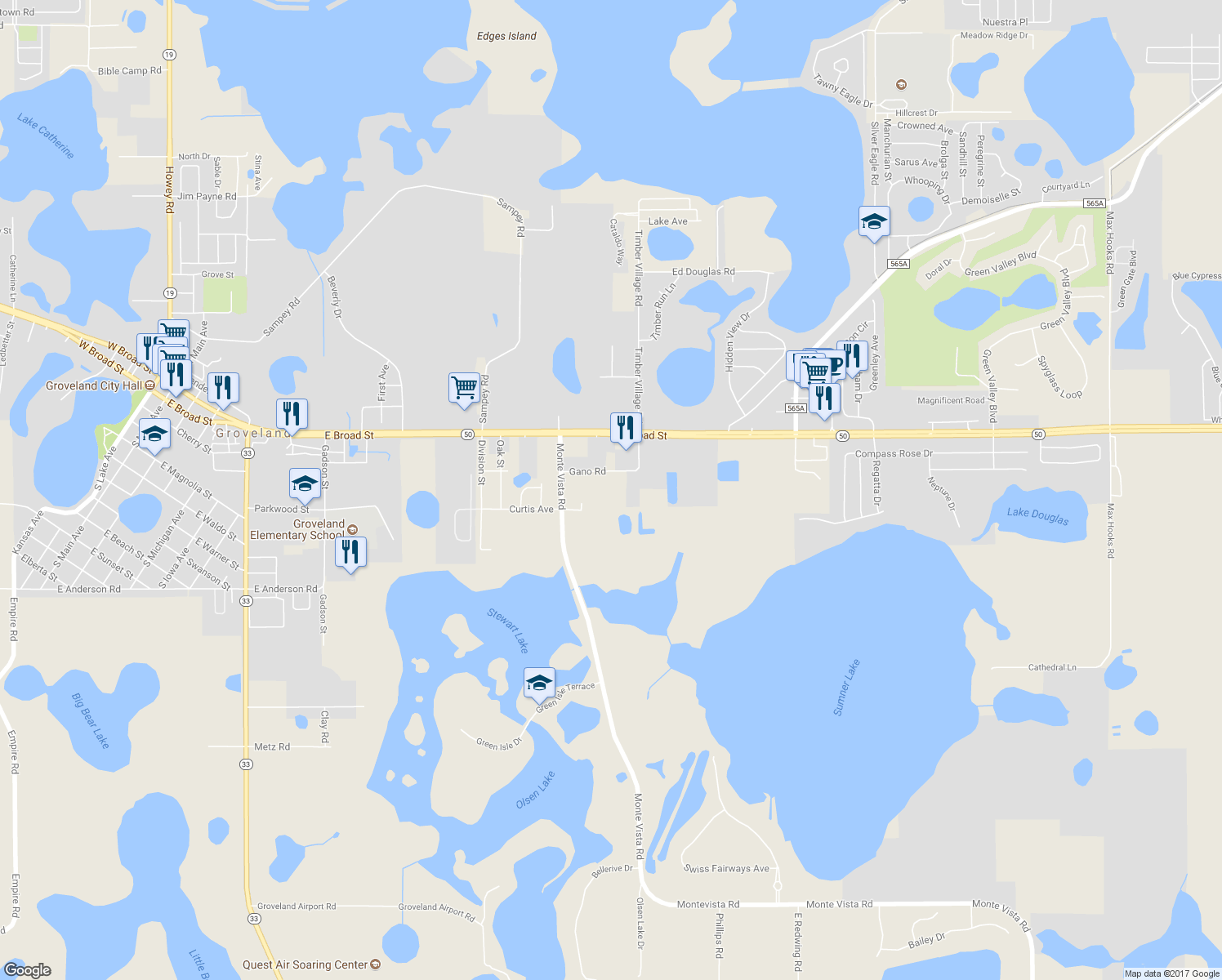 map of restaurants, bars, coffee shops, grocery stores, and more near 7350 Gano Road in Groveland