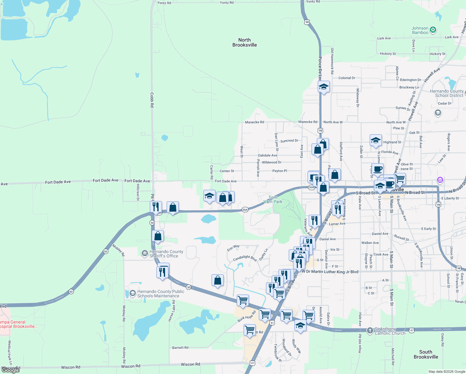 map of restaurants, bars, coffee shops, grocery stores, and more near 172 Estates Avenue in Brooksville
