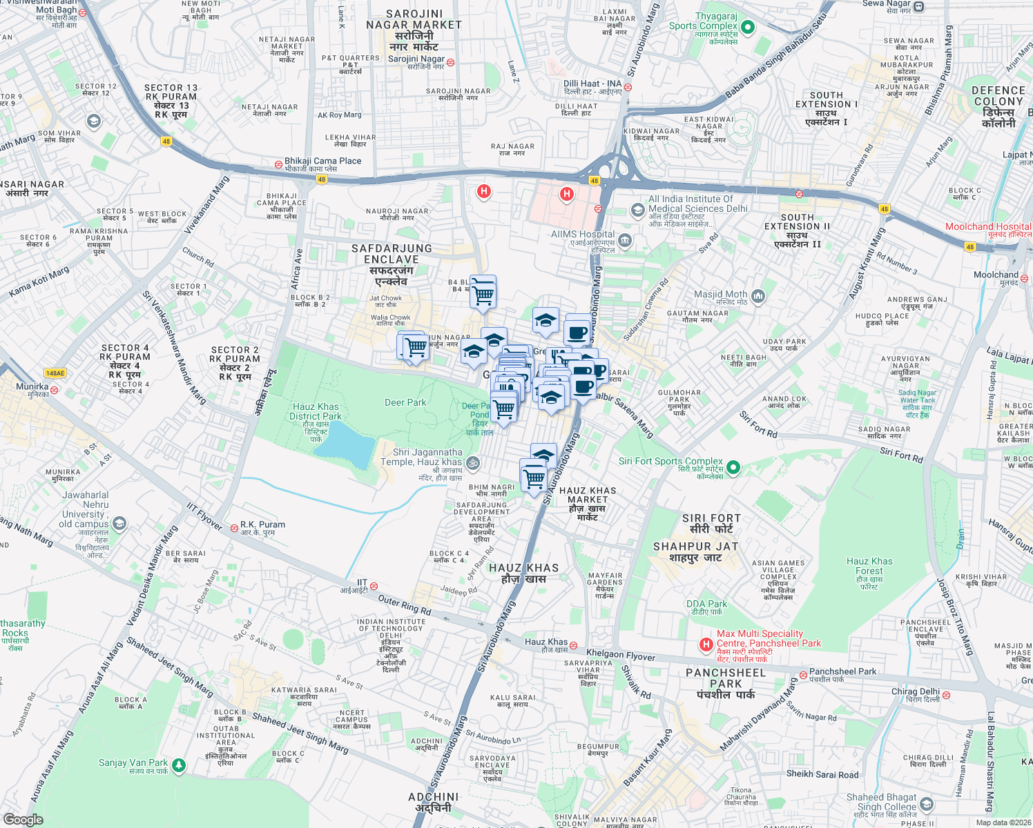 map of restaurants, bars, coffee shops, grocery stores, and more near in New Delhi