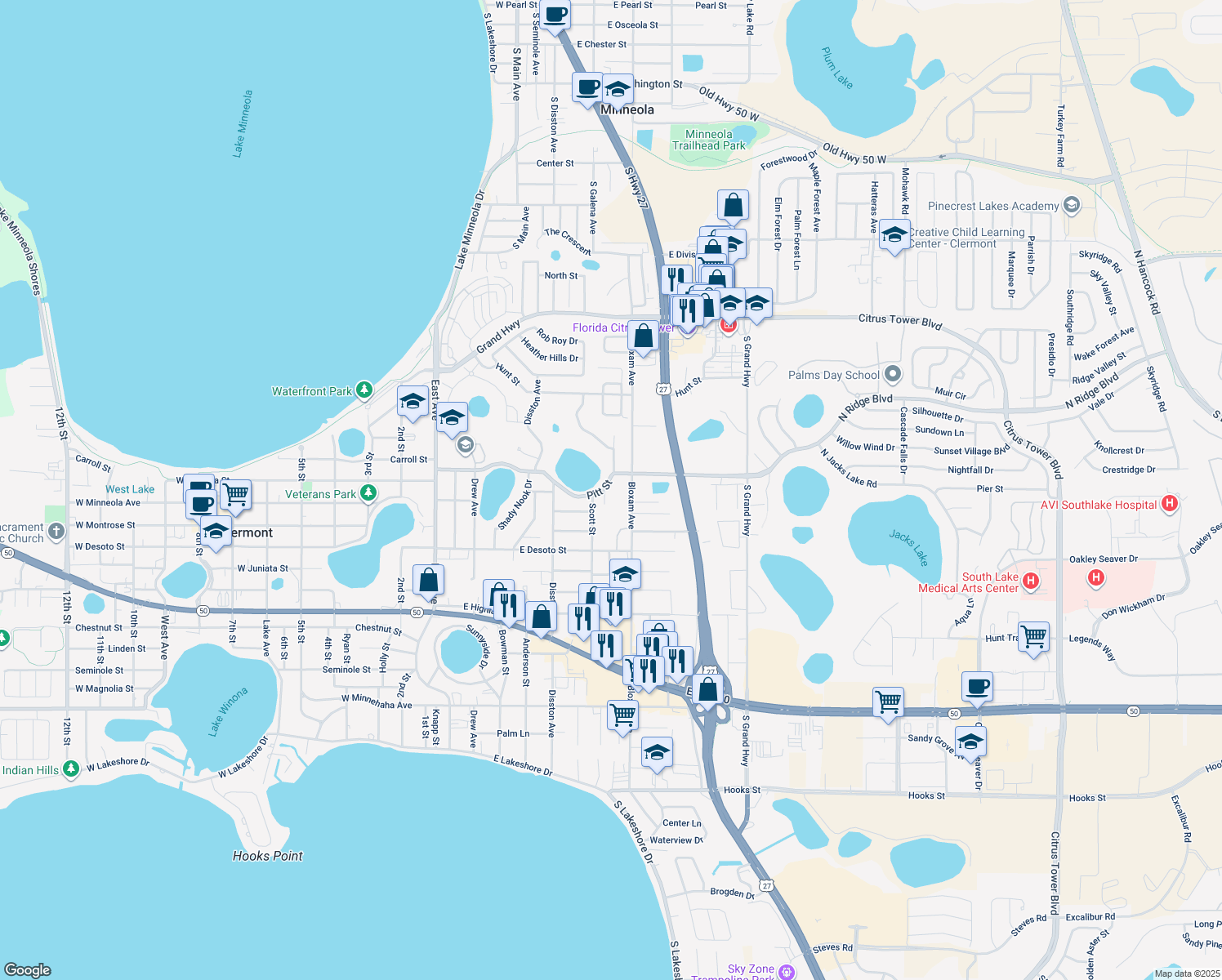 map of restaurants, bars, coffee shops, grocery stores, and more near 609 Pitt Street in Clermont