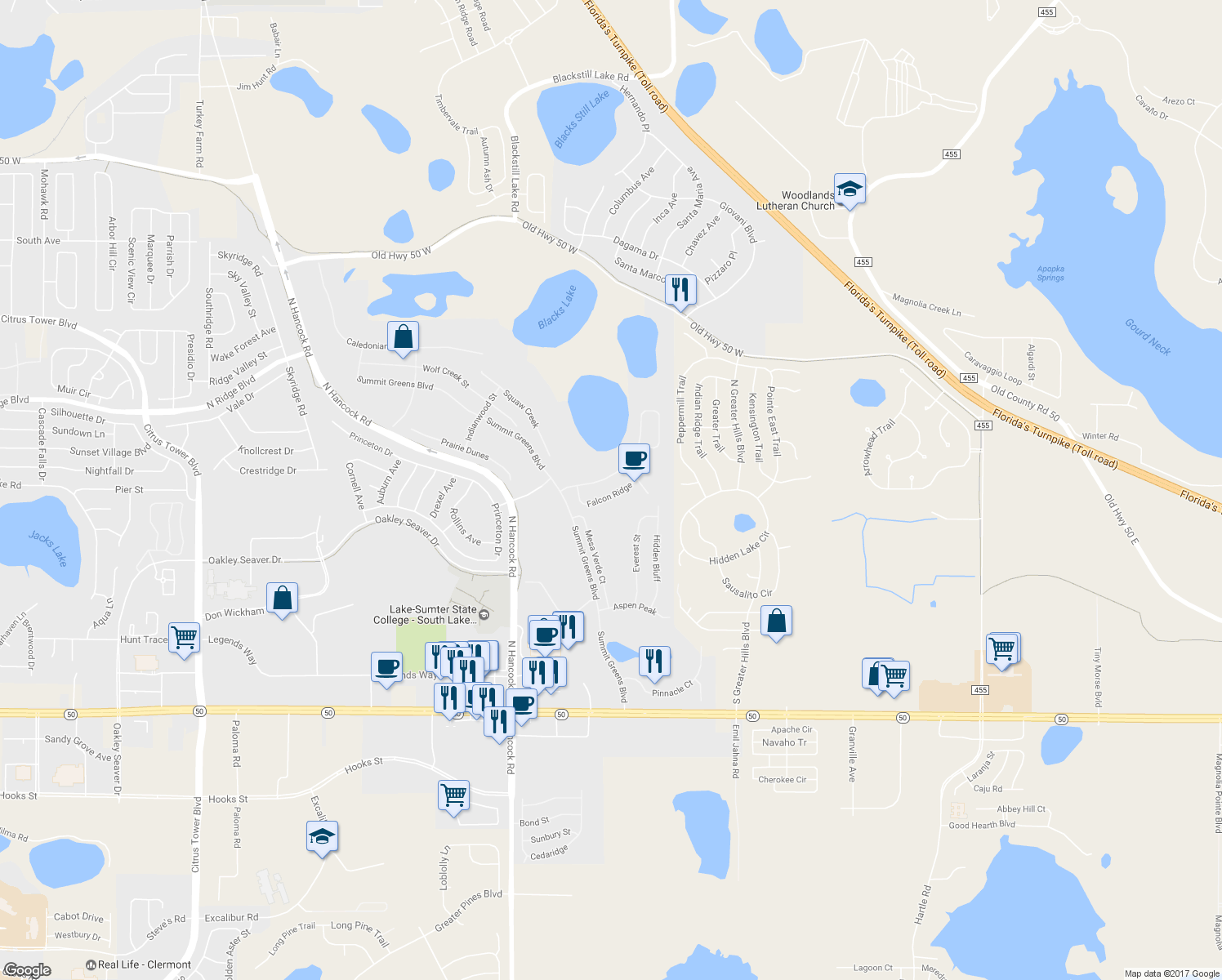 map of restaurants, bars, coffee shops, grocery stores, and more near 2818 Falcon Ridge in Clermont