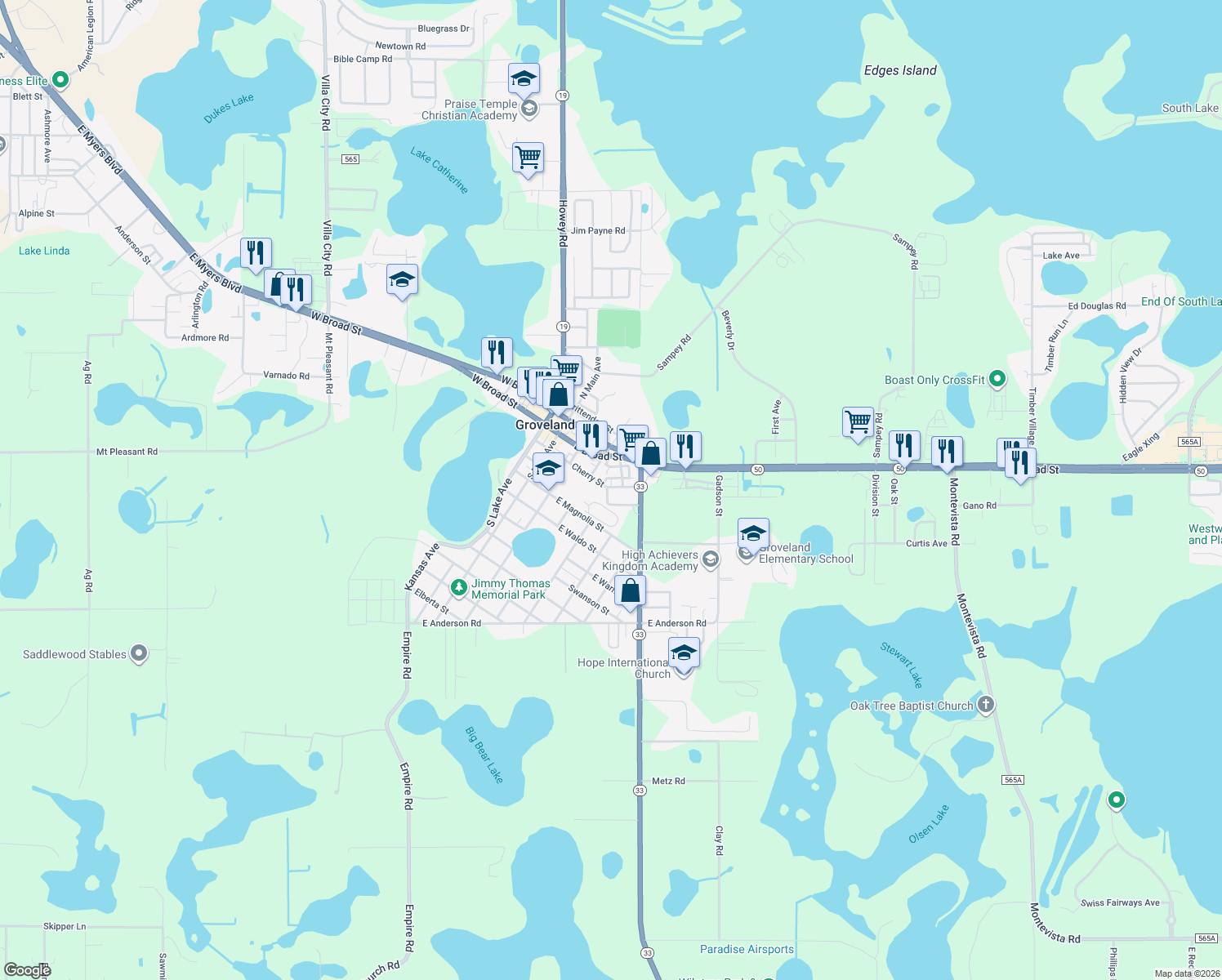 map of restaurants, bars, coffee shops, grocery stores, and more near 120 Wright Street in Groveland