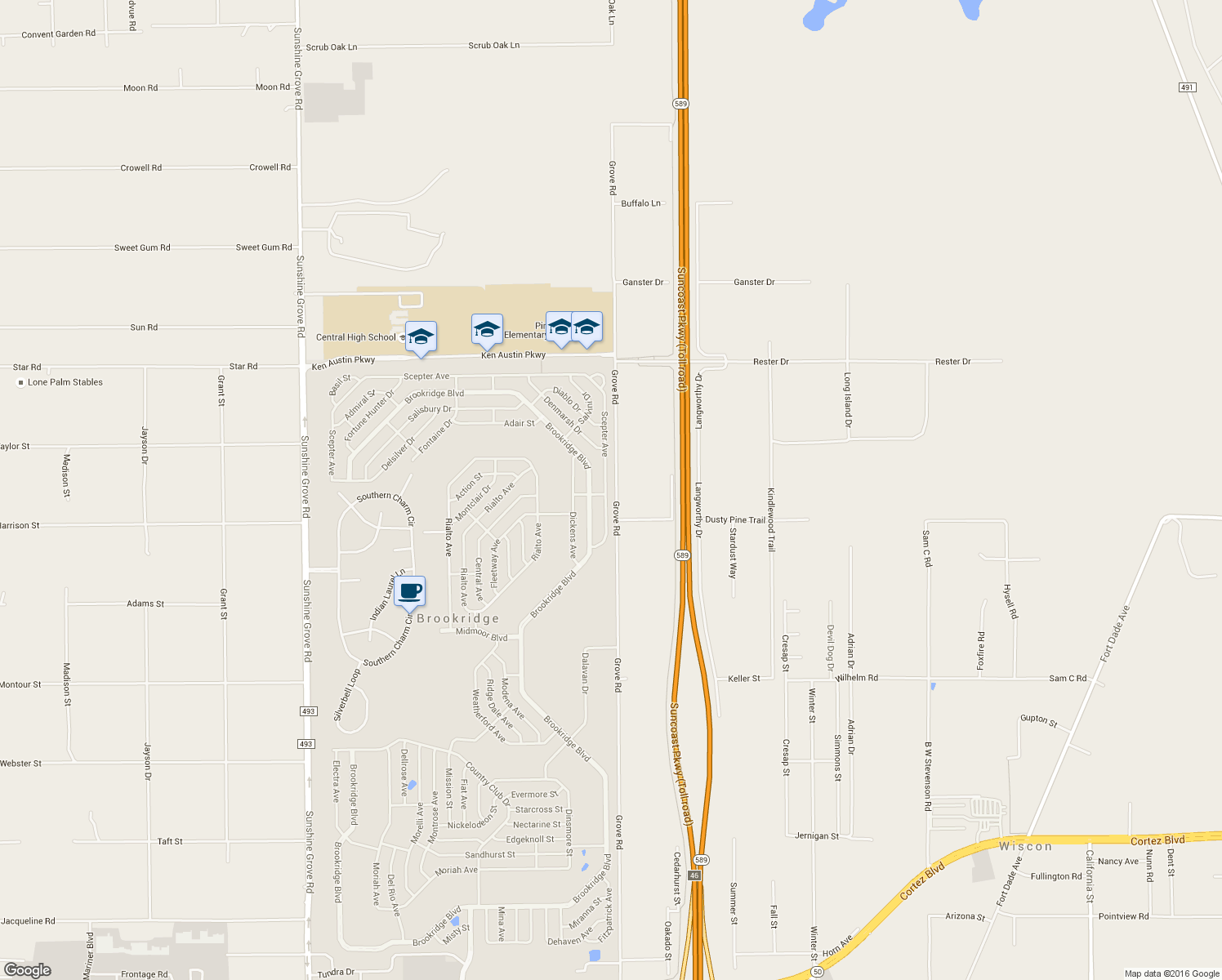 map of restaurants, bars, coffee shops, grocery stores, and more near 9863 Scepter Avenue in Brooksville