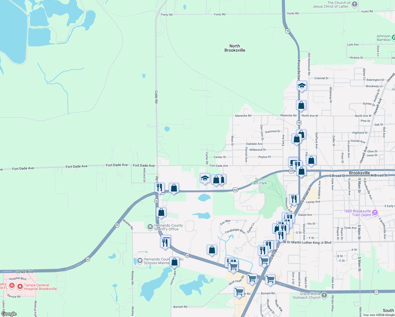 map of restaurants, bars, coffee shops, grocery stores, and more near 19199 Fort Dade Avenue in Brooksville