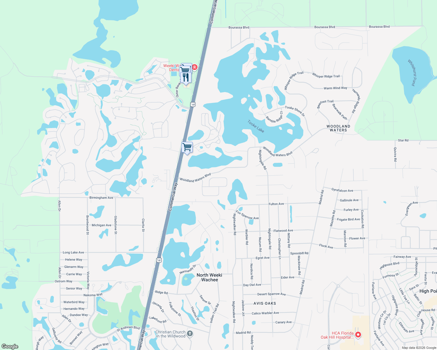 map of restaurants, bars, coffee shops, grocery stores, and more near 10288 Ridge Top Loop in Weeki Wachee