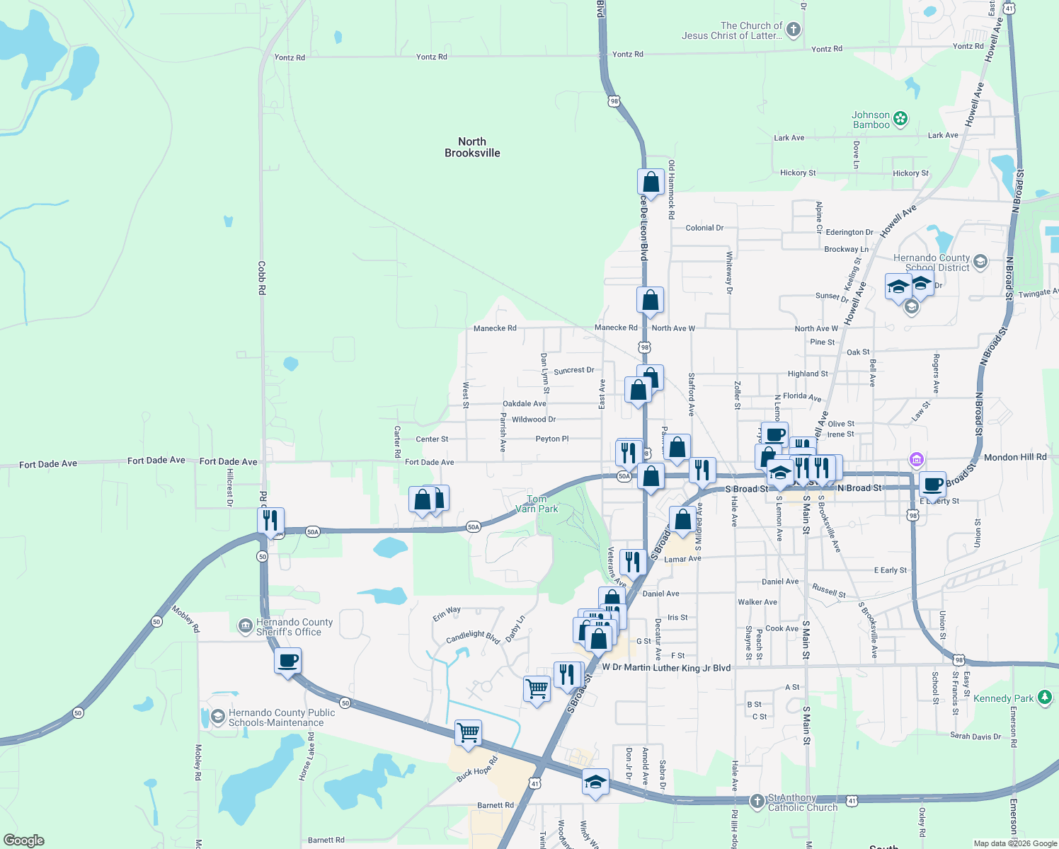 map of restaurants, bars, coffee shops, grocery stores, and more near 19496 Wildwood Drive in Brooksville