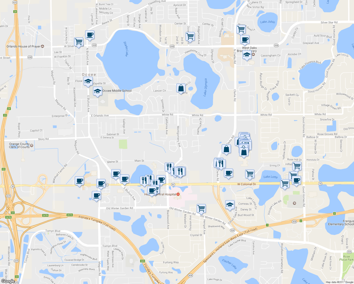 map of restaurants, bars, coffee shops, grocery stores, and more near 800 Kazaros Circle in Ocoee