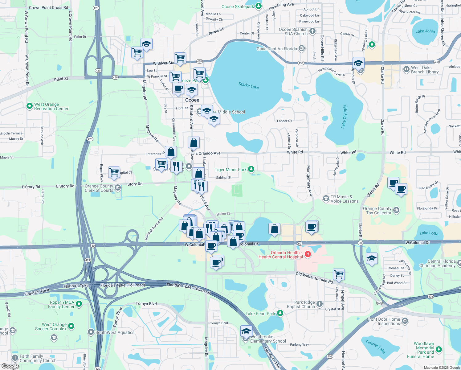 map of restaurants, bars, coffee shops, grocery stores, and more near 316 East Geneva Street in Ocoee