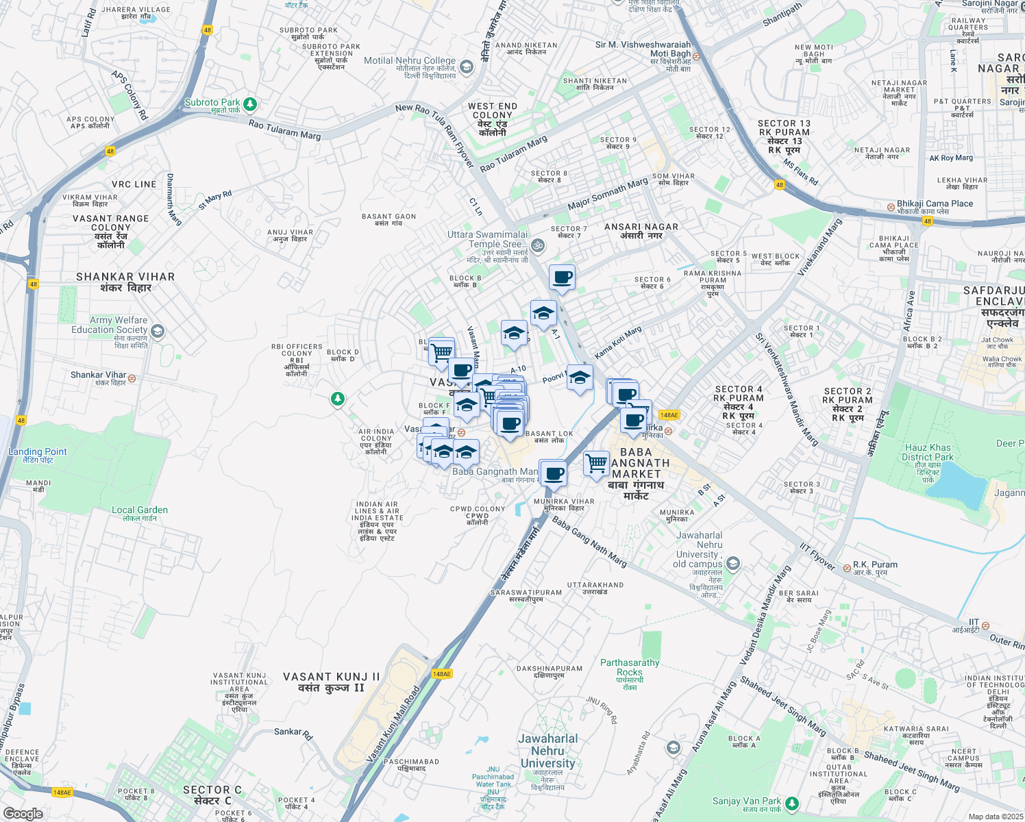 map of restaurants, bars, coffee shops, grocery stores, and more near floor in New Delhi