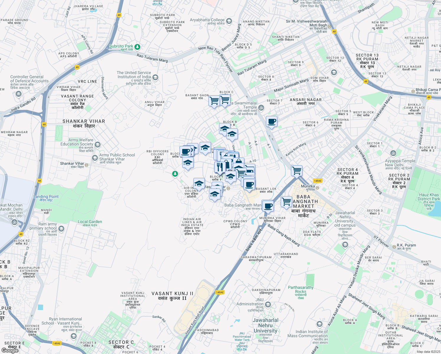 map of restaurants, bars, coffee shops, grocery stores, and more near in New Delhi