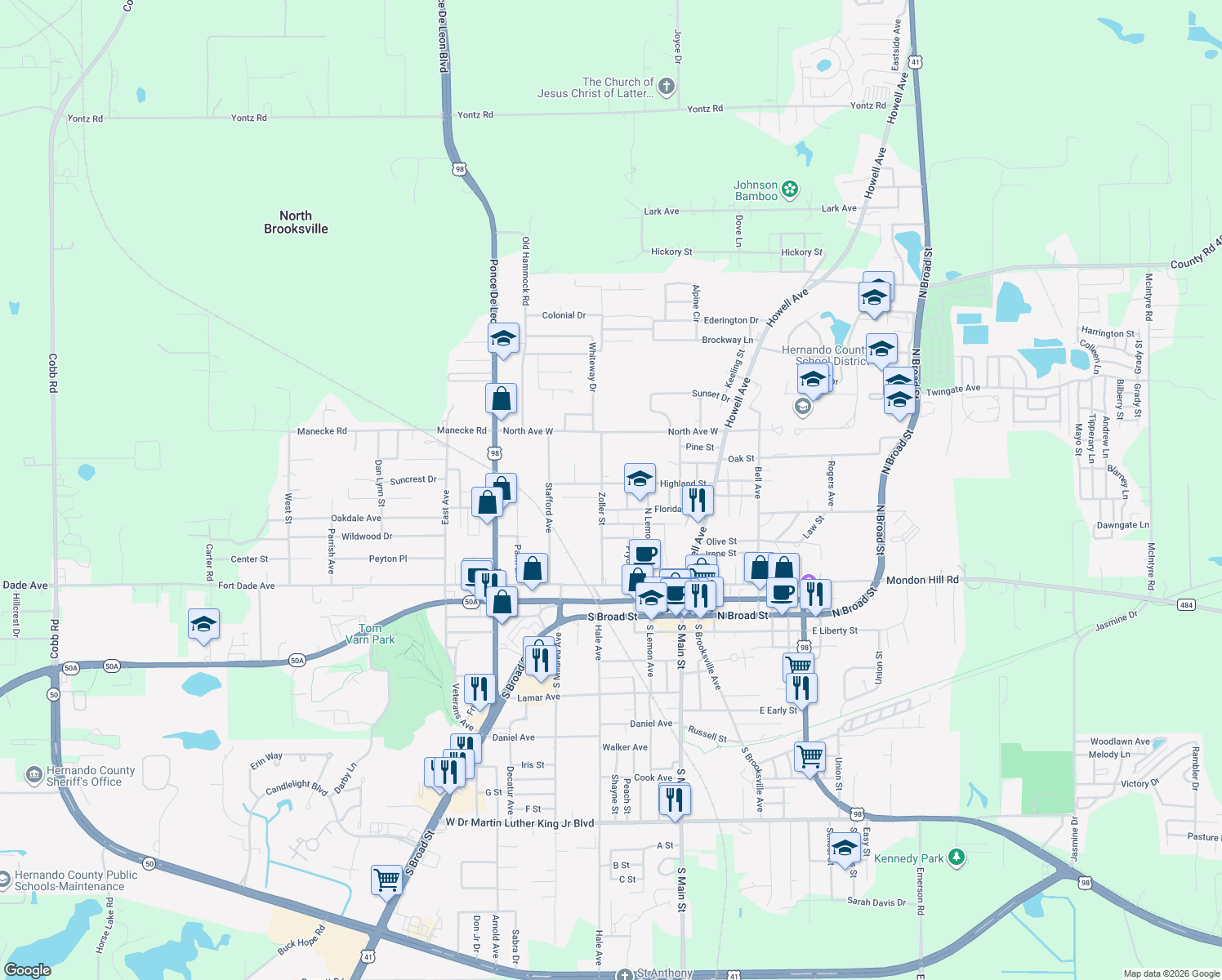 map of restaurants, bars, coffee shops, grocery stores, and more near 317 Highland Street in Brooksville