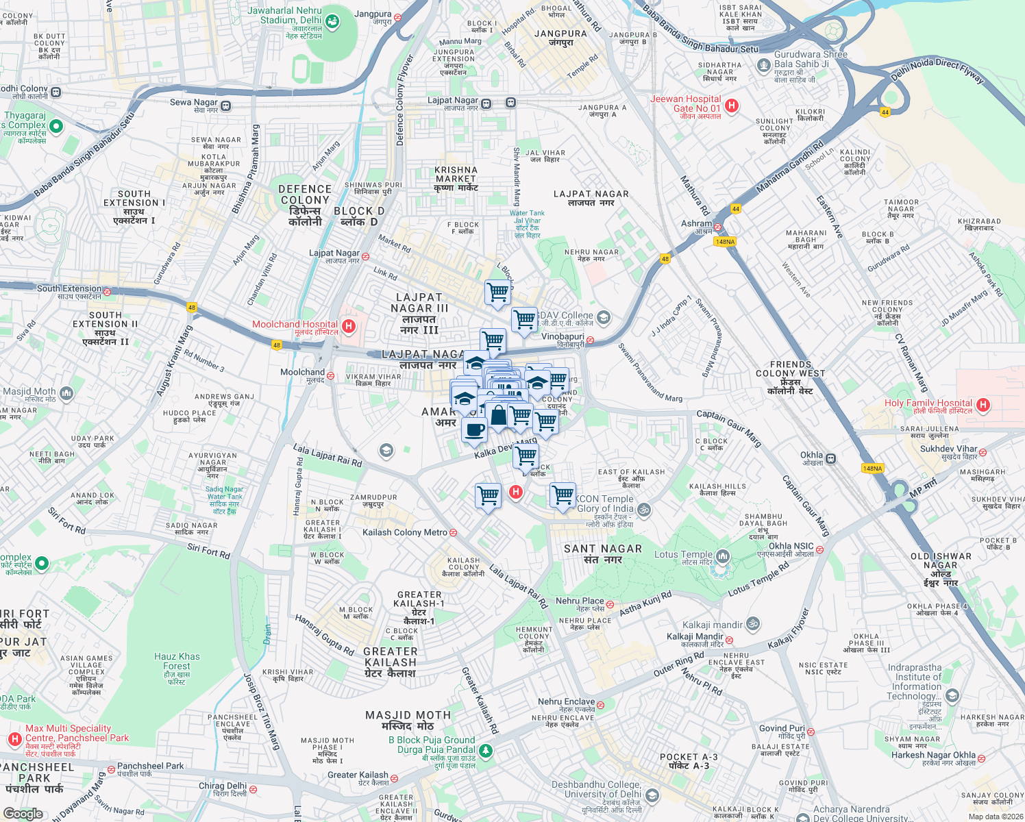 map of restaurants, bars, coffee shops, grocery stores, and more near in New Delhi