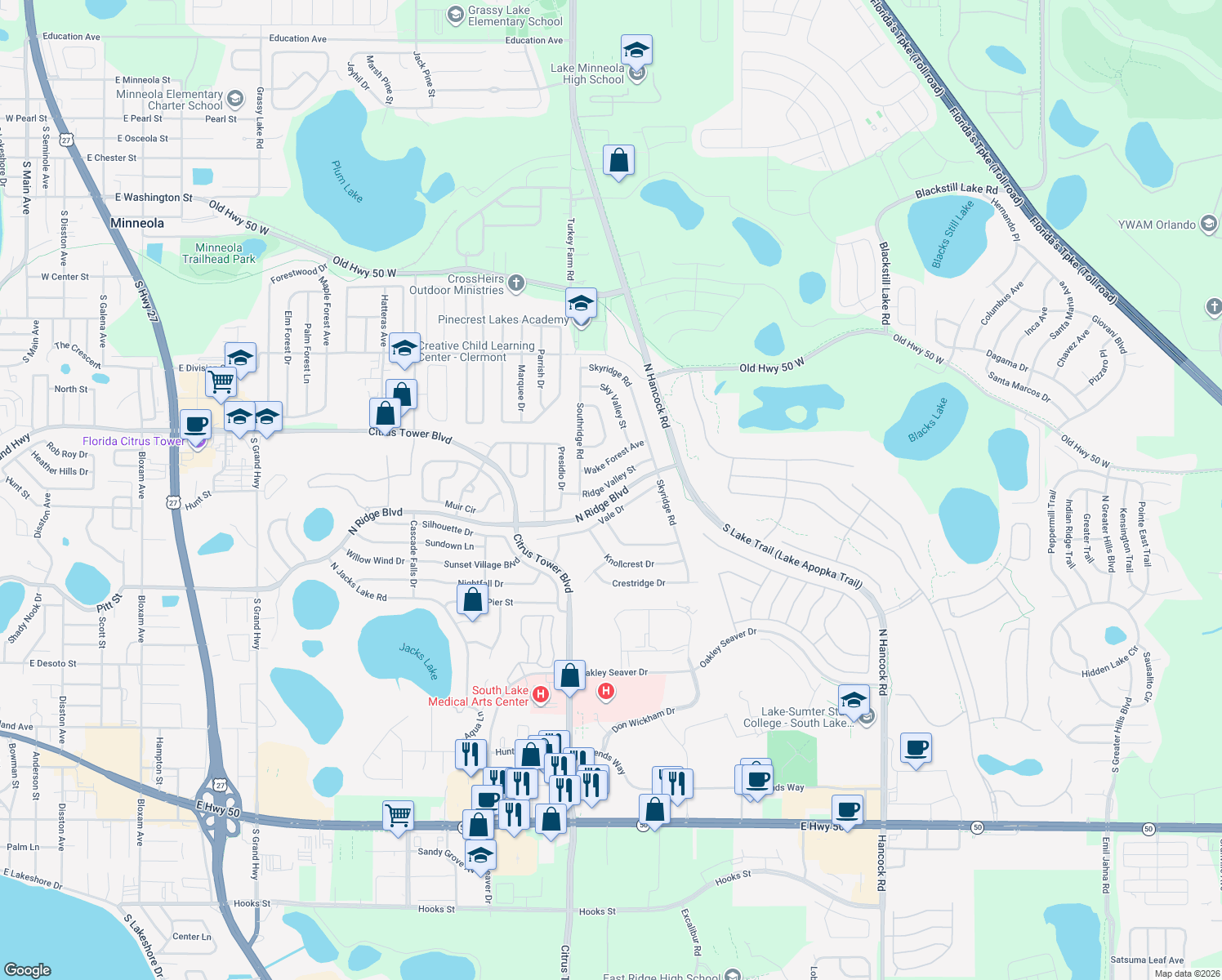 map of restaurants, bars, coffee shops, grocery stores, and more near North Ridge Boulevard in Clermont