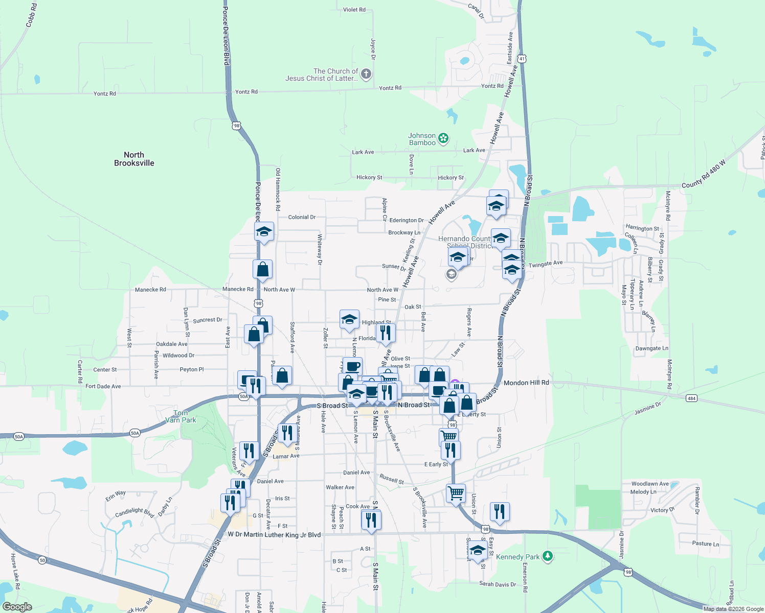 map of restaurants, bars, coffee shops, grocery stores, and more near 26 Crosby Street in Brooksville