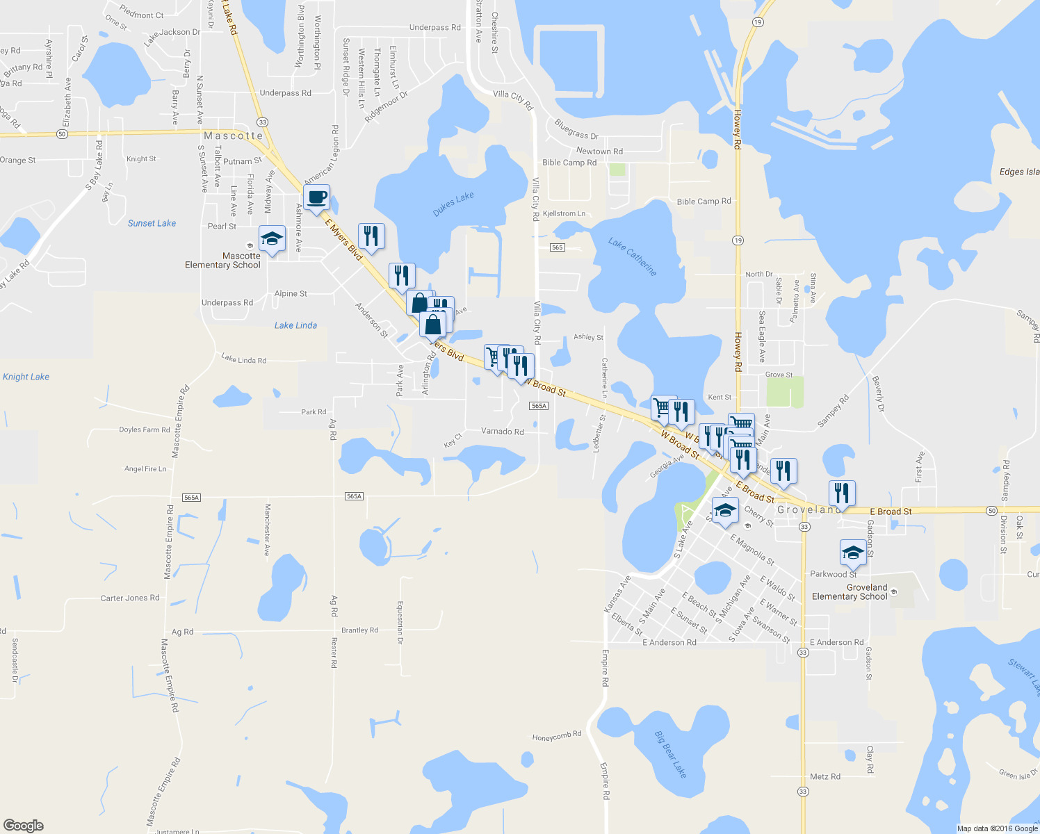 map of restaurants, bars, coffee shops, grocery stores, and more near 194 Mount Pleasant Road in Groveland