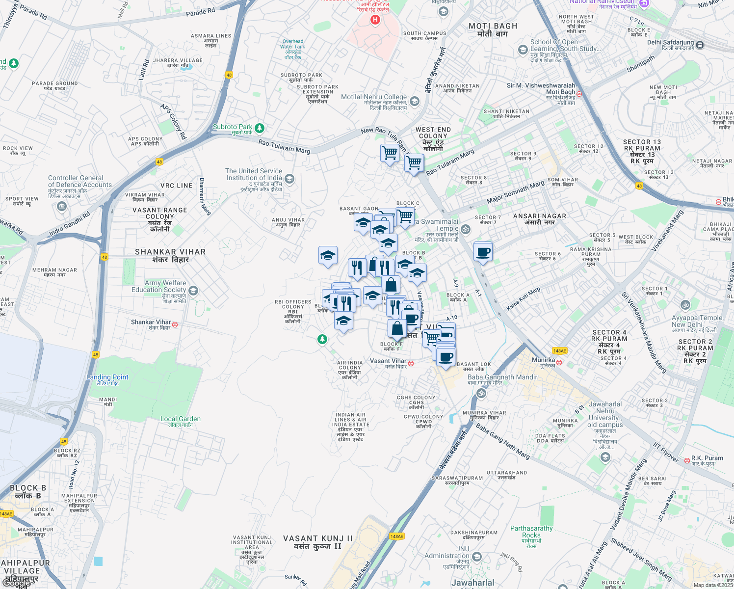 map of restaurants, bars, coffee shops, grocery stores, and more near in New Delhi