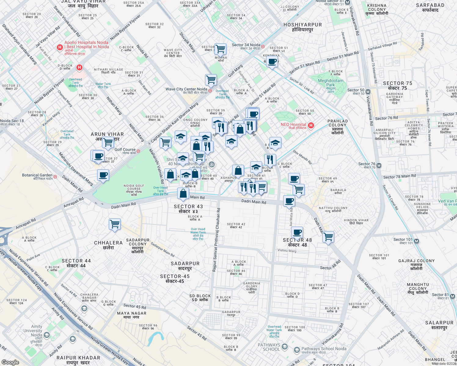 map of restaurants, bars, coffee shops, grocery stores, and more near Unnamed Road in Noida