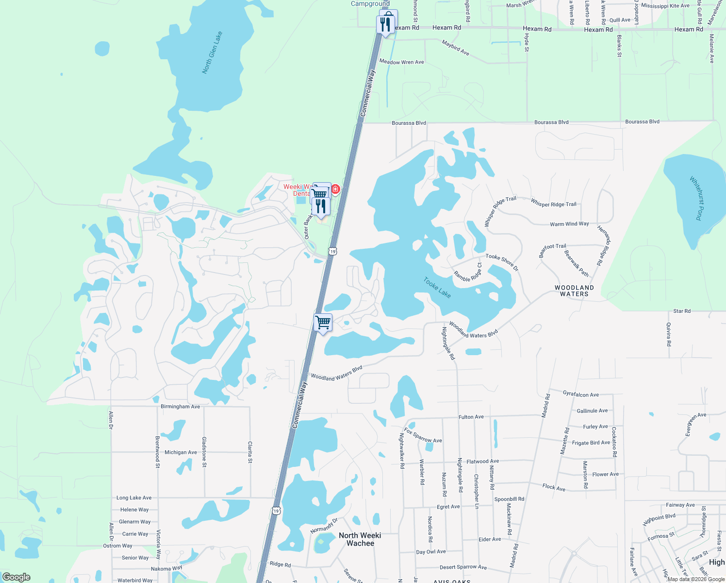 map of restaurants, bars, coffee shops, grocery stores, and more near 9375 Grizzly Bear Lane in Weeki Wachee