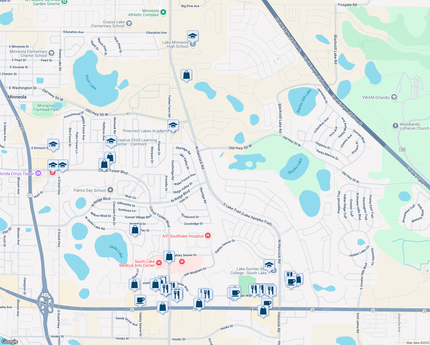 map of restaurants, bars, coffee shops, grocery stores, and more near 2241 Caledonian Street in Clermont