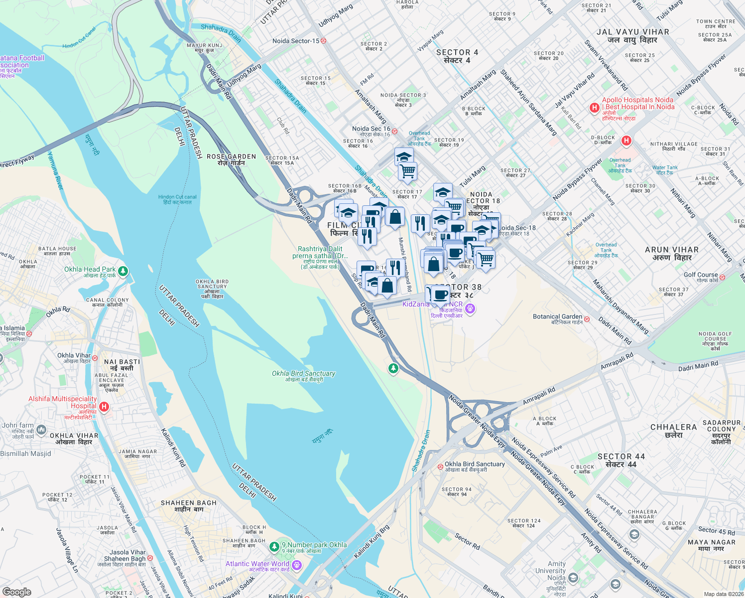 map of restaurants, bars, coffee shops, grocery stores, and more near in Noida