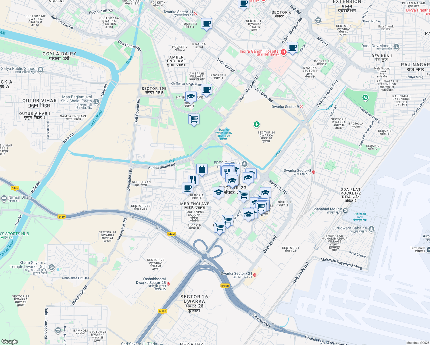 map of restaurants, bars, coffee shops, grocery stores, and more near Sector 23 Road in New Delhi