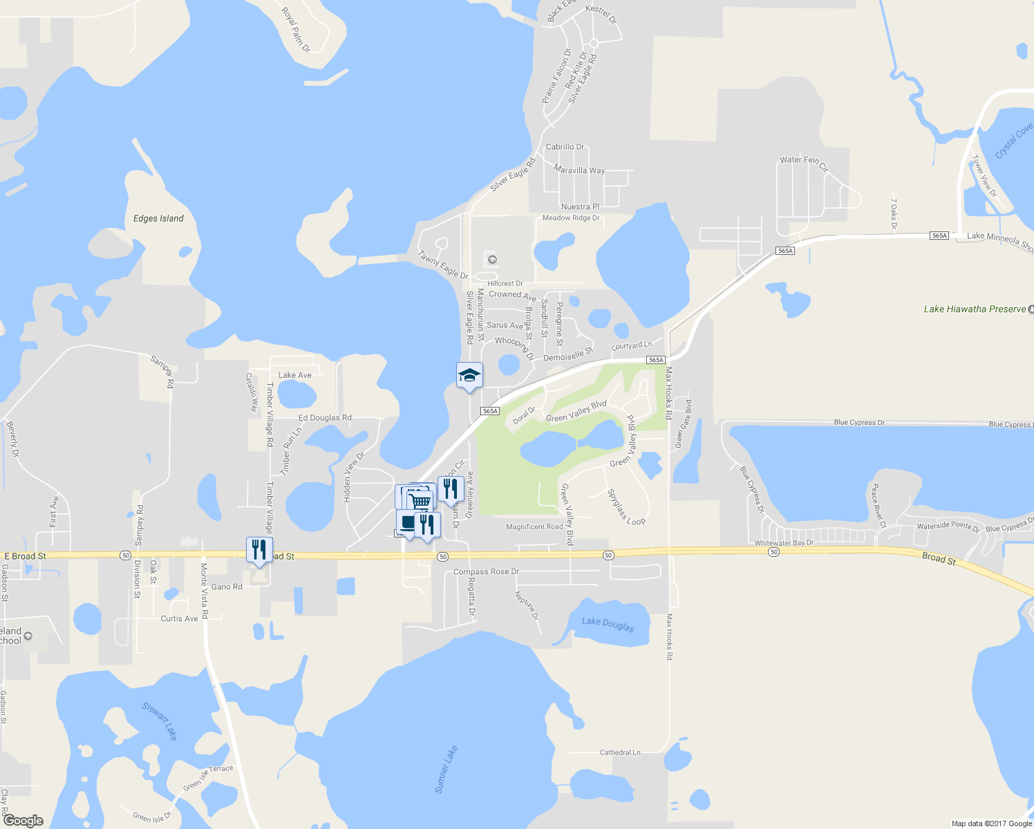 map of restaurants, bars, coffee shops, grocery stores, and more near 8515 Doral Drive in Clermont
