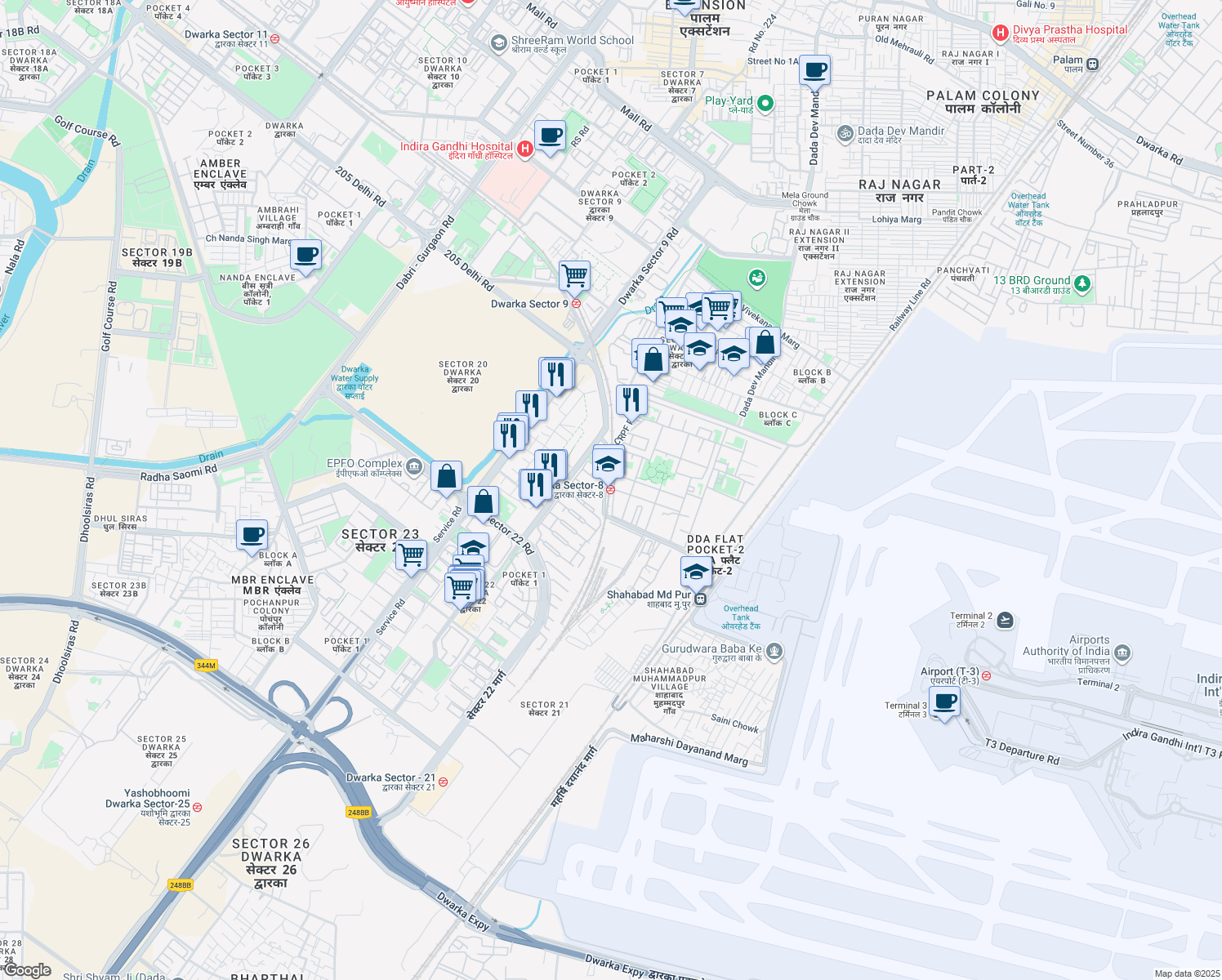 map of restaurants, bars, coffee shops, grocery stores, and more near in New Delhi
