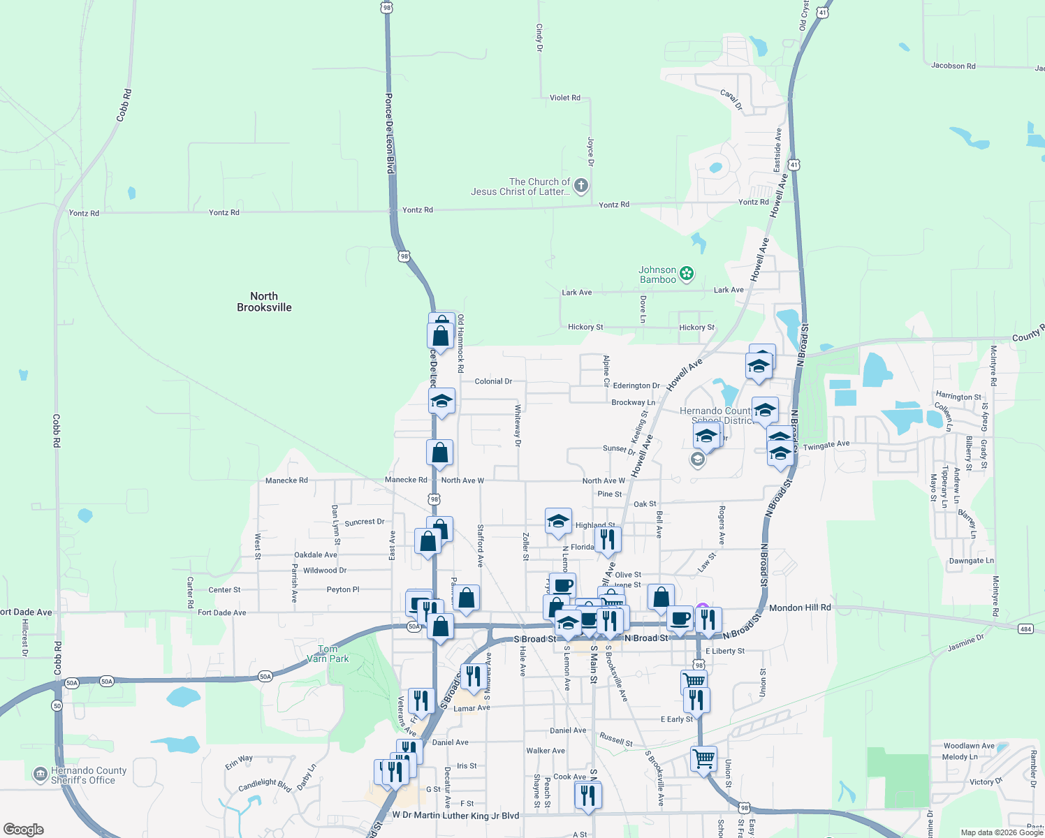 map of restaurants, bars, coffee shops, grocery stores, and more near 916 Whiteway Drive in Brooksville