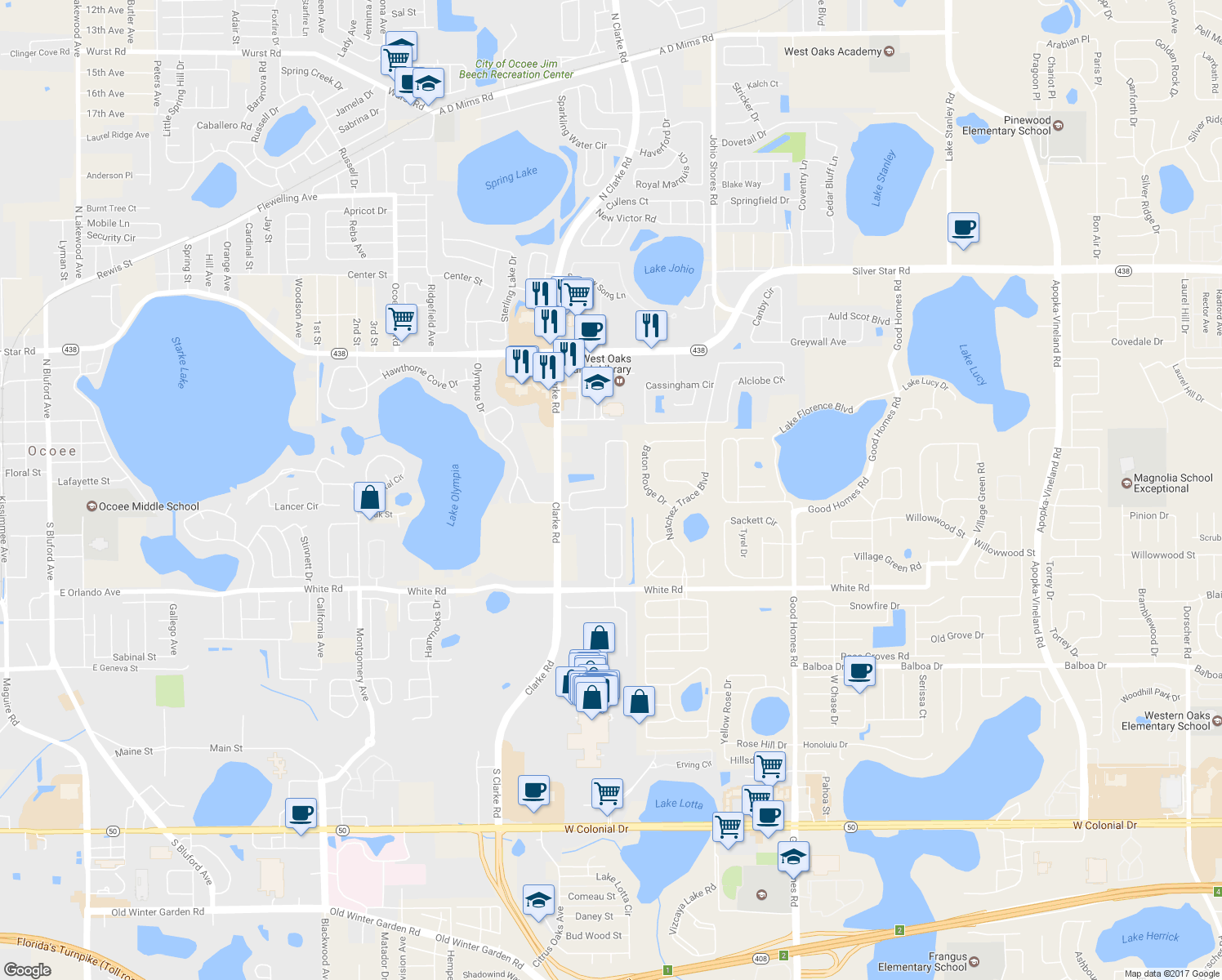 map of restaurants, bars, coffee shops, grocery stores, and more near 1924 Rachels Ridge Loop in Ocoee